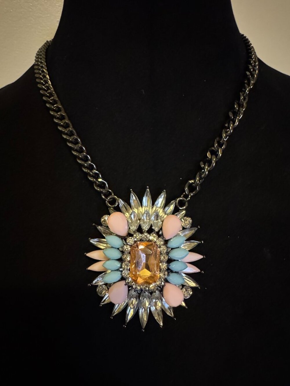 Pastel Crystal Statement Necklace – Blush & Blue Rhinestone Pendant Necklace – 1
